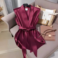 Elegant French style Sleeveless Waist-Cinching Shirt Chic Top Trendy V-Neck Acetate Fabric Urban Style