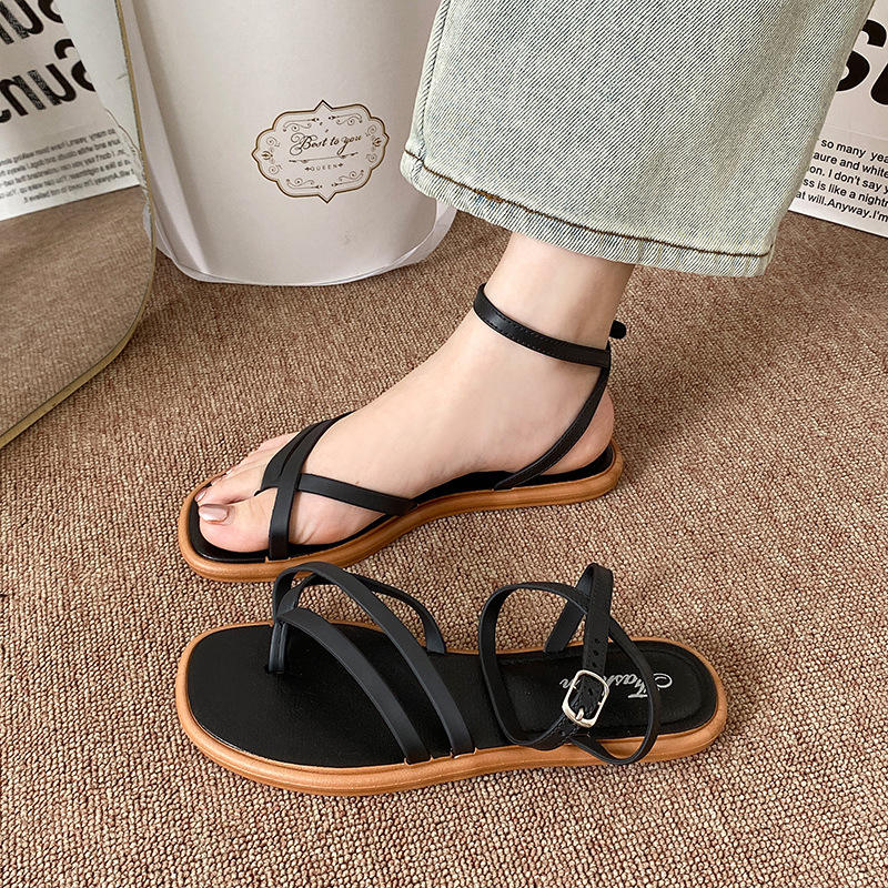 Women's Roman Style Toe Post Sandals Crossbody Flat Bottom Slippers Outdoor Fashionable PVC Material Slip-On Shoes - Natalia Home Fashion