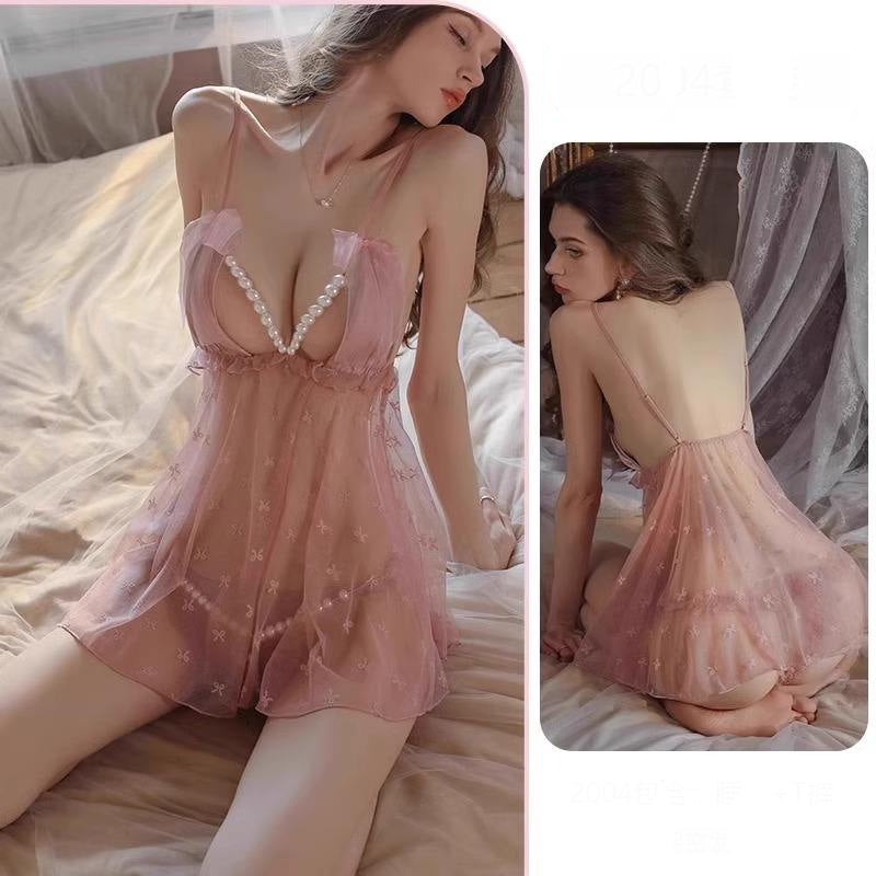 Hollow Transparent Sexy Deep V Baby doll Mini Ultra Short Nightgown Bow Knot Lace Mesh with pearls Night Dress Party Women Sleepwear