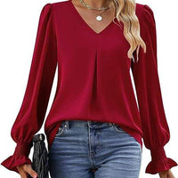 Fashion Simple Solid Color Pullover Shirt Women Loose V-neck Flared Sleeve Shirts Top Female Elegant Commuting Clothing