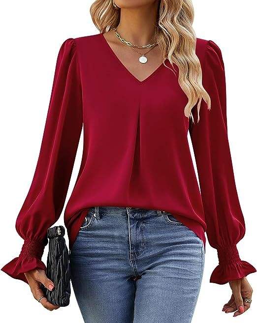 Fashion Simple Solid Color Pullover Shirt Women Loose V-neck Flared Sleeve Shirts Top Female Elegant Commuting Clothing