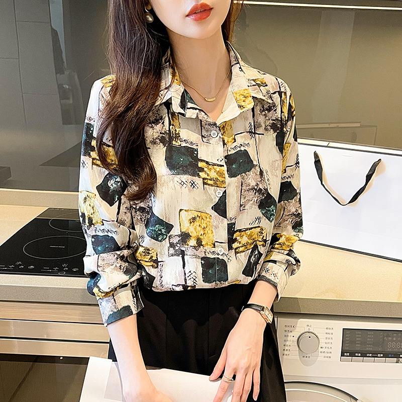 Print Lady Blouse Buttons Long Sleeve Sateen Shirt Elegant Fashion All-match Blouse Top Women