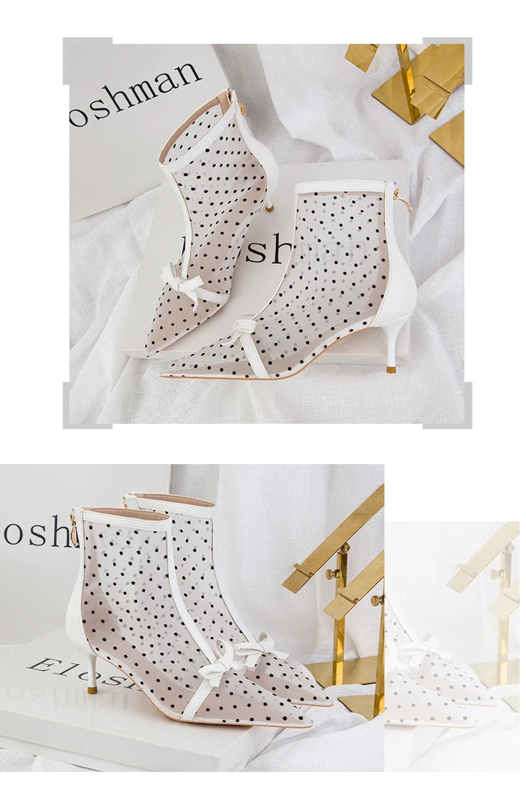 Fashion Women Ankle Boots Pointed Toe Short Pointed Toe Bow Design Thin Low Heels Back Zipper Fashion Boots Air Mesh Boots
