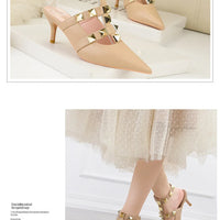 Female Rivets T-strap Sandals Pointy Toe Soft Leather Sexy Women Shoes Comfort 6CM High Heels Ladies Work Dress Shoe