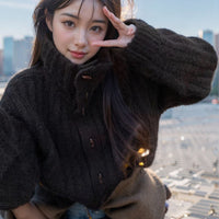 Vintage Soft And Supple Design Sensibility Horn Button polo/turtle Neck Women's Winter Idle Style Loose-Fit Thickened Knitted Ca