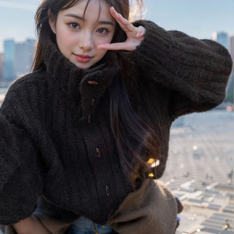 Vintage Soft And Supple Design Sensibility Horn Button polo/turtle Neck Women's Winter Idle Style Loose-Fit Thickened Knitted Ca