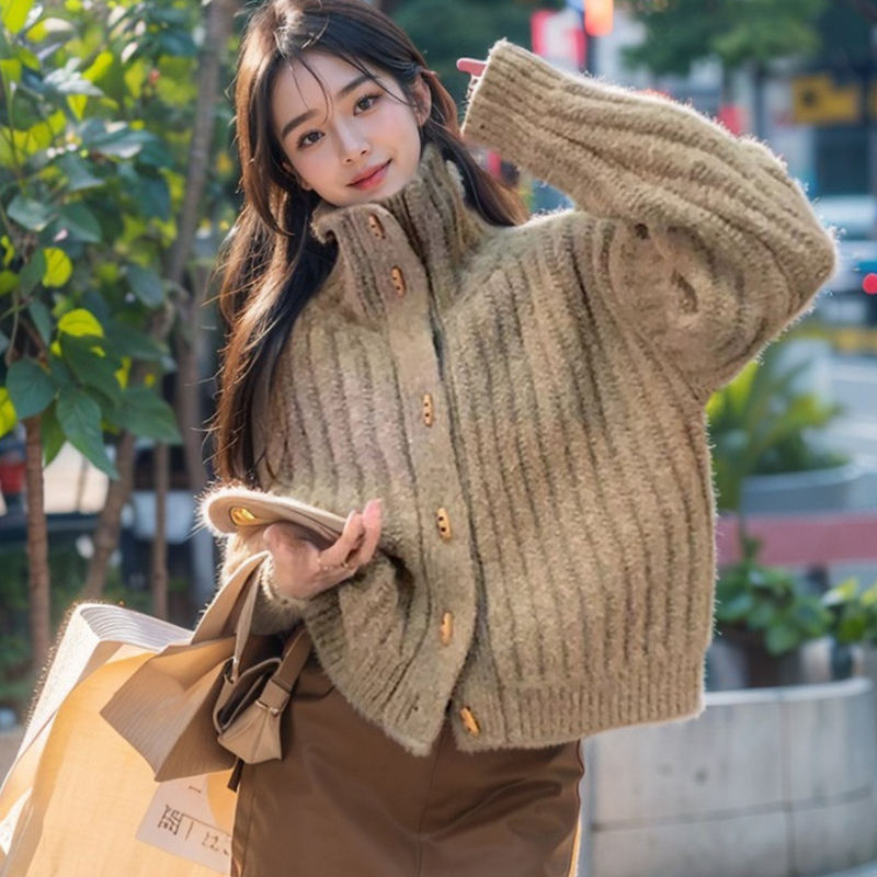 Vintage Soft And Supple Design Sensibility Horn Button polo/turtle Neck Women's Winter Idle Style Loose-Fit Thickened Knitted Ca