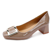 Square Shallow Mouth Button Lacquer Leather Women's Single Shoes