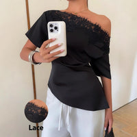 Elegant temperament women's top with lace splicing, sloping collar, waist cinching, solid color, irregular short sleeved top Natalia Home Fashion    Natalia Home Fashion