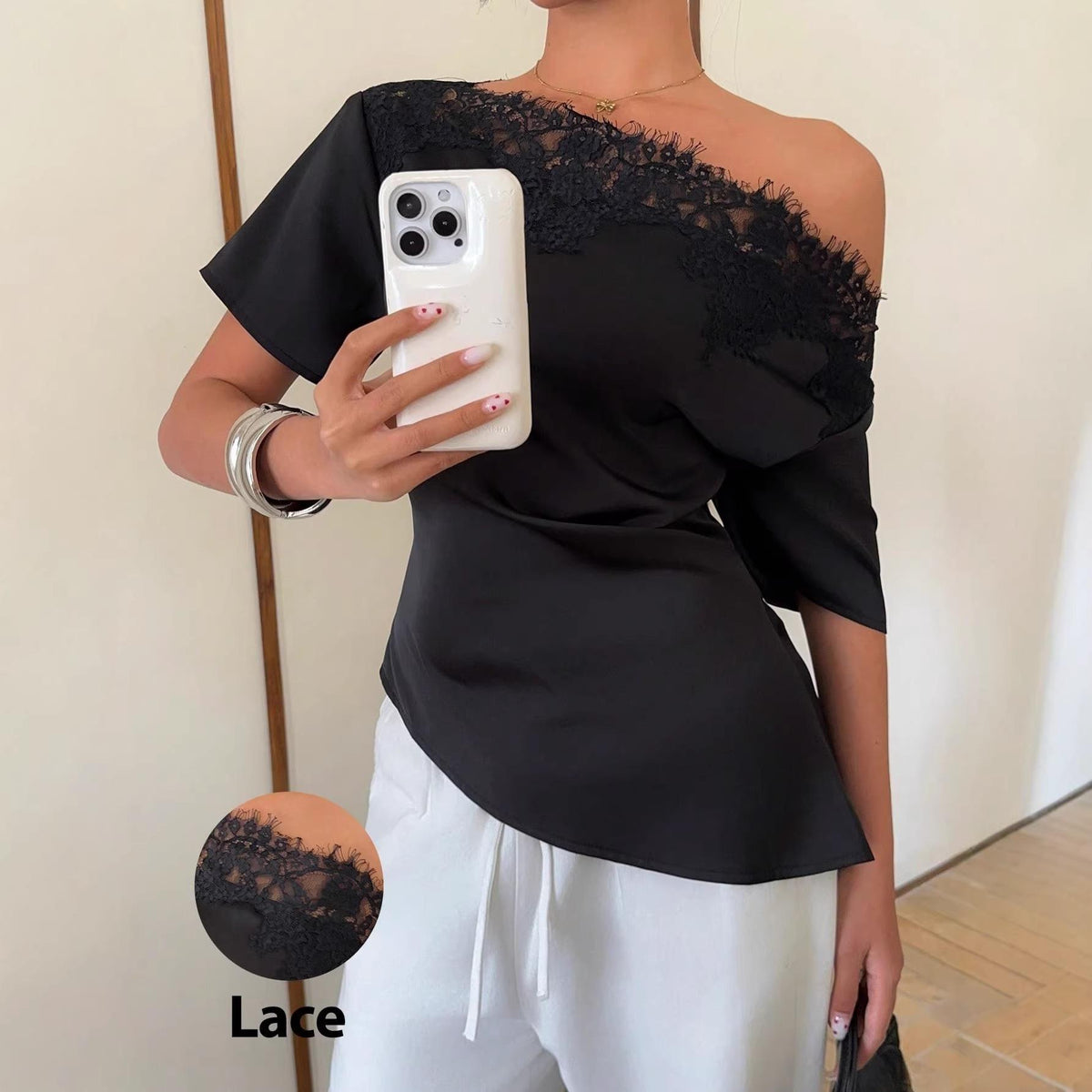 Elegant temperament women's top with lace splicing, sloping collar, waist cinching, solid color, irregular short sleeved top Natalia Home Fashion    Natalia Home Fashion