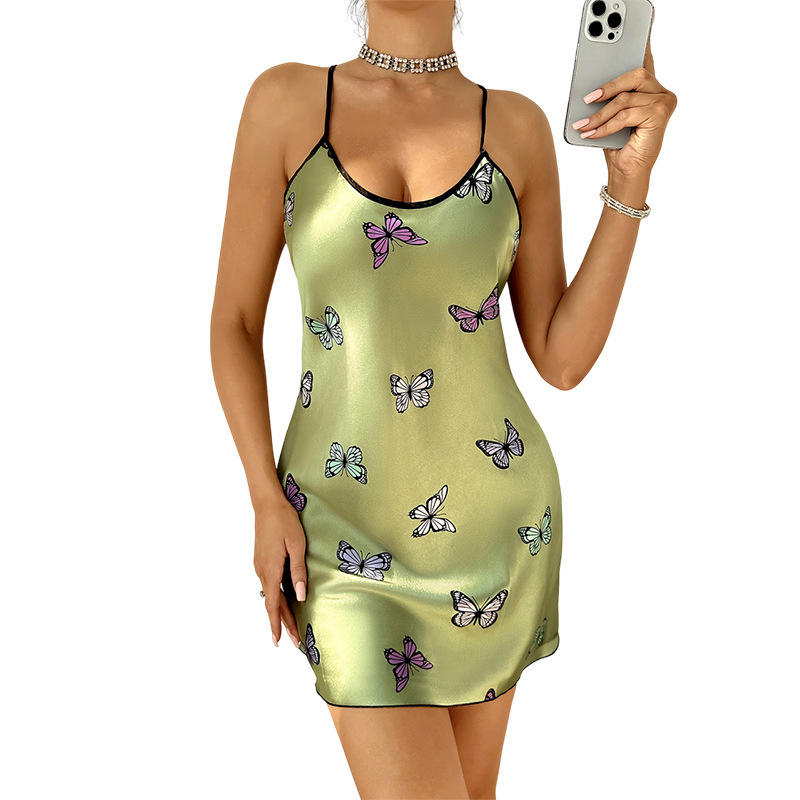 Women's Sleepwear Summer Floral Print Satin Nightgown Casual Sleeveless Backless Slip Night Dress Sexy Nightdress Home Clothes