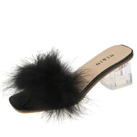 Fluffy Peep Toe Sexy High Heels Women Shoes Fur Feather Lady Fashion Wedding Slip-On Square Toe Women Sandals Natalia Home Fashion    Natalia Home Fashion