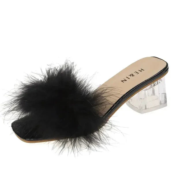 Fluffy Peep Toe Sexy High Heels Women Shoes Fur Feather Lady Fashion Wedding Slip-On Square Toe Women Sandals Natalia Home Fashion    Natalia Home Fashion