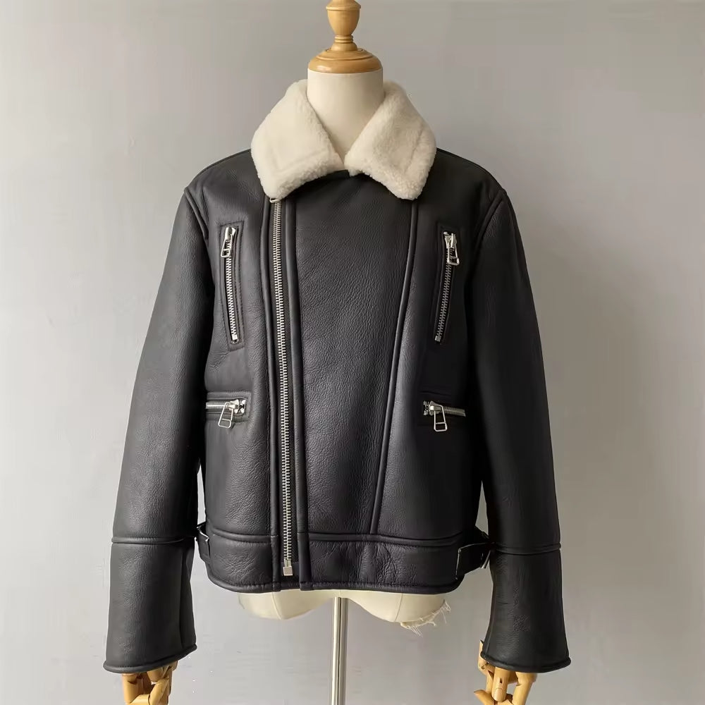 Turn Down Collar Genuine Sheepskin Real Leather Coat Zipper Winter Women Soft Shearling Fur Jacket Natalia Home Fashion    Natalia Home Fashion