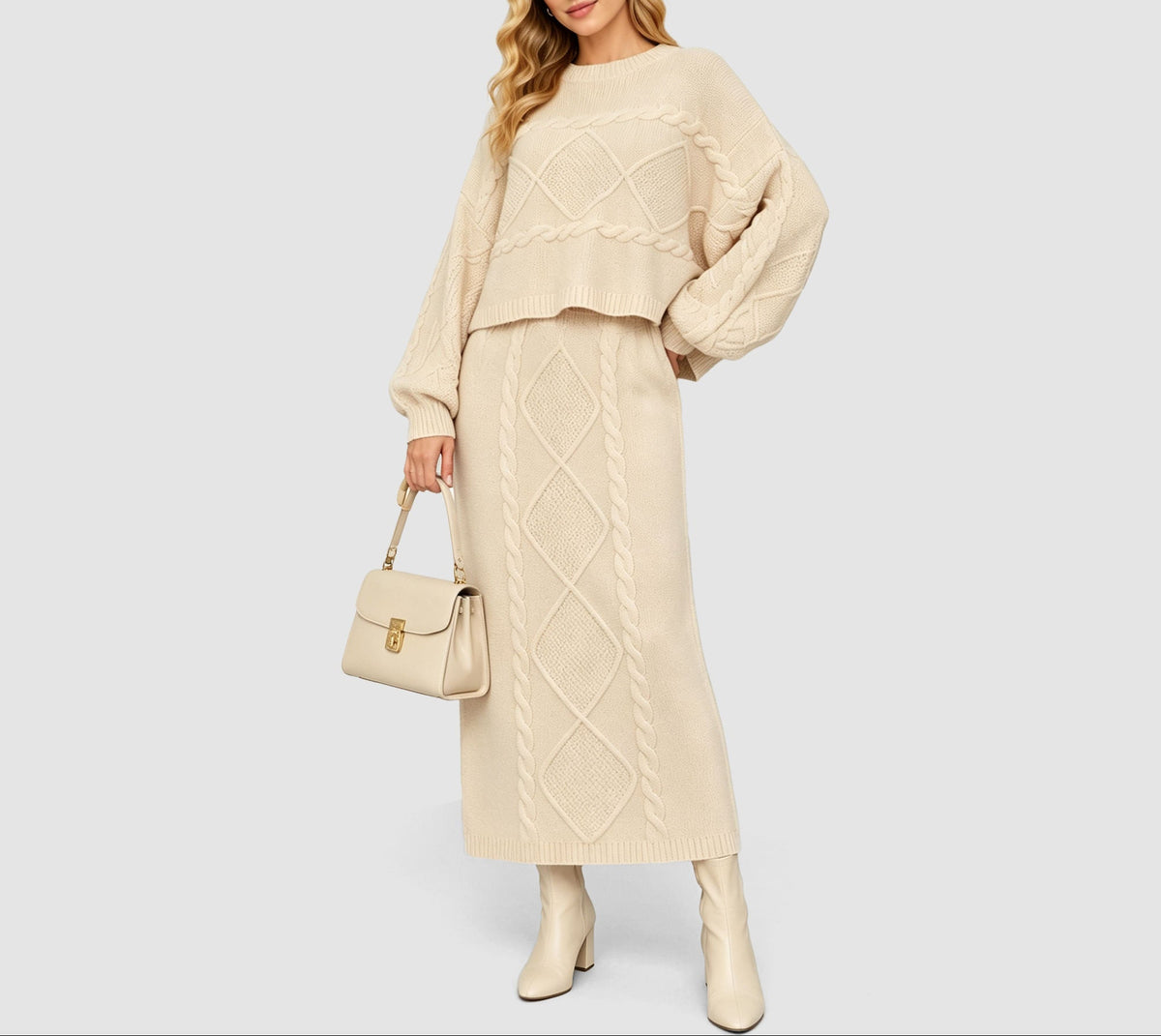 Women's clothing 2-piece set, fashionable twist rope long skirt + crew neck sweater two-piece set Natalia Home Fashion    Natalia Home Fashion