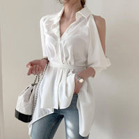 Sleeve Back Slit Strap Strap Collar Long Sleeve Blouse Women Blouse New Lady Hollow Out Turn-Down Collar Fashion Shirt Blouses Off Shoulder  Solid Tops