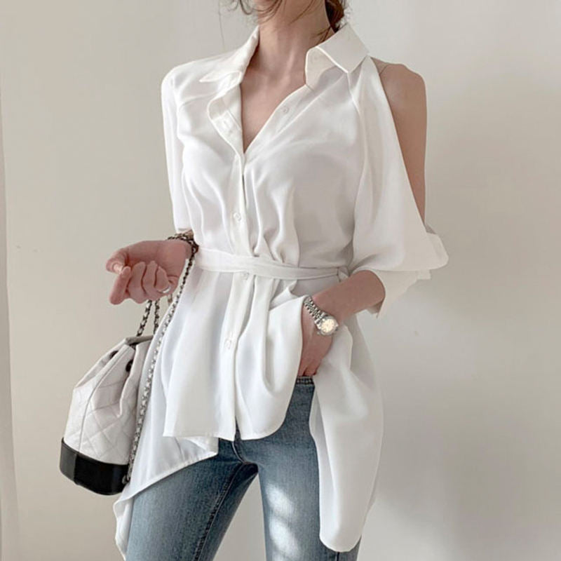 Sleeve Back Slit Strap Strap Collar Long Sleeve Blouse Women Blouse New Lady Hollow Out Turn-Down Collar Fashion Shirt Blouses Off Shoulder  Solid Tops