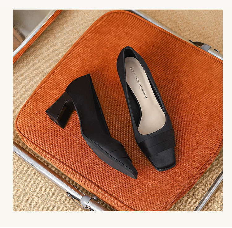 Elegant Satin High Heels Square Toe Slip-On Chunky Heel Comfortable Women's Shoes for Party Fashion Footwear