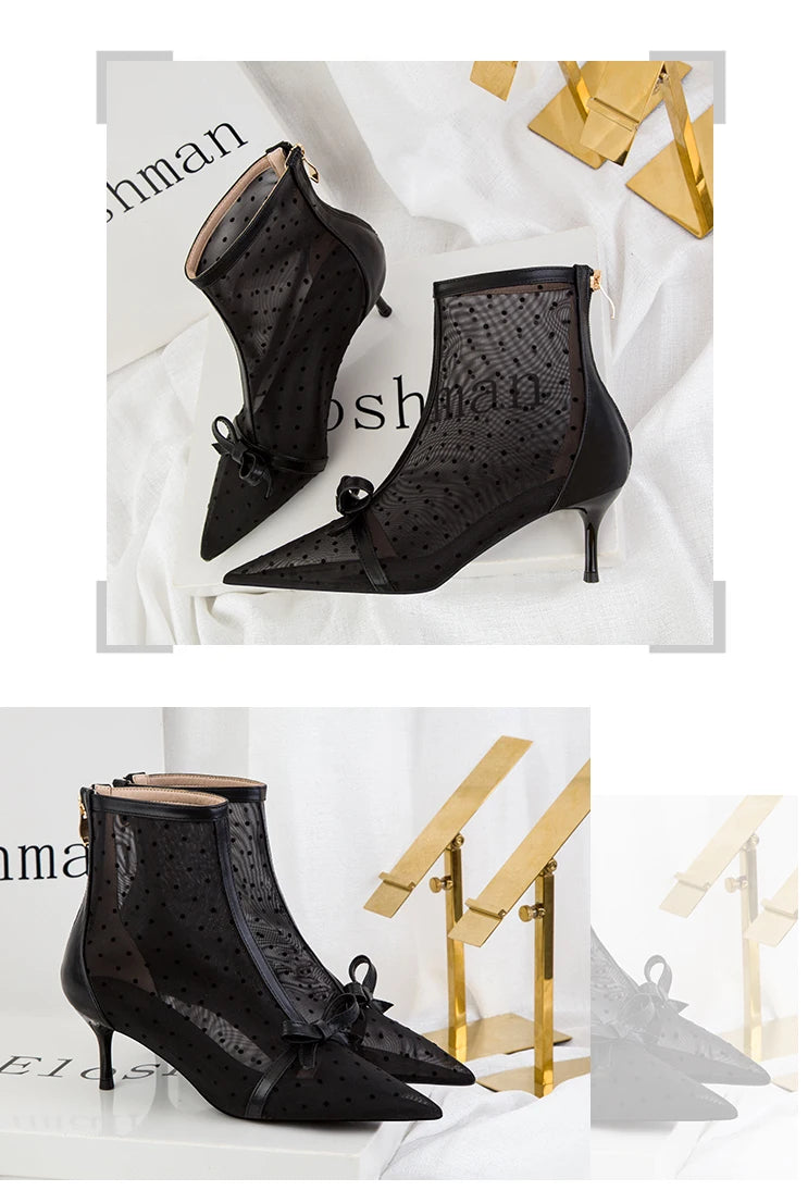 Fashion Women Ankle Boots Pointed Toe Short Pointed Toe Bow Design Thin Low Heels Back Zipper Fashion Boots Air Mesh Boots