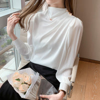 Stylish Long Sleeve Women Satin Blouses Elegant Loose O-neck Buttons Ladies Pullovers Shirts Tops Natalia Home Fashion    Natalia Home Fashion