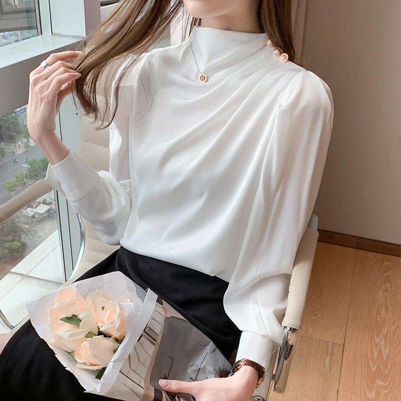 Stylish Long Sleeve Women Satin Blouses Elegant Loose O-neck Buttons Ladies Pullovers Shirts Tops Natalia Home Fashion    Natalia Home Fashion