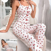 Women's 2-piece printed sleepwear semi transparent mesh casual printed vest elastic waist pants summer transparent mesh Pajama Suit