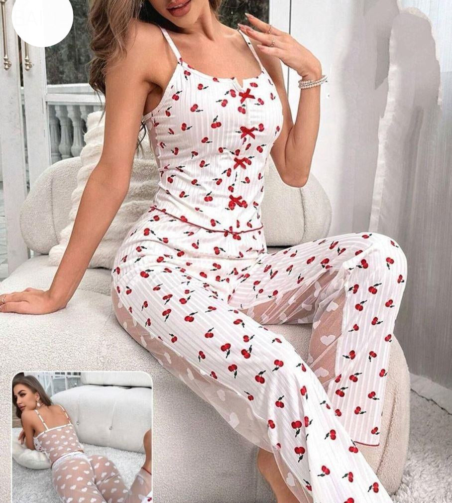 Women's 2-piece printed sleepwear semi transparent mesh casual printed vest elastic waist pants summer transparent mesh Pajama Suit
