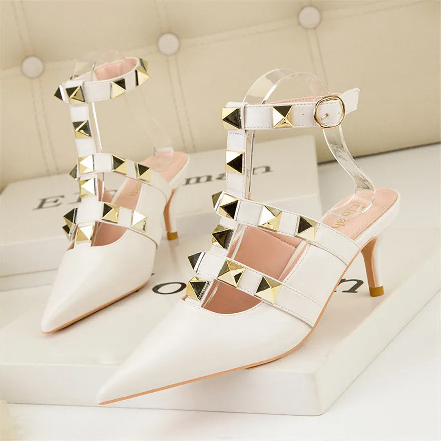 Female Rivets T-strap Sandals Pointy Toe Soft Leather Sexy Women Shoes Comfort 6CM High Heels Ladies Work Dress Shoe
