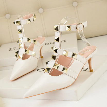 Female Rivets T-strap Sandals Pointy Toe Soft Leather Sexy Women Shoes Comfort 6CM High Heels Ladies Work Dress Shoe - Natalia Home Fashion