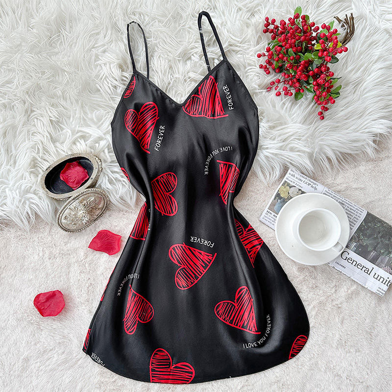 Print Satin Slip Nightdress V Neck Backless Mini Sleep Dress Women Sleepwear Dresses Nightgown