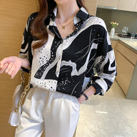 Lady Turn Down Collar Printed Shirt Fashion Tops Casual Long Sleeve Blouse Vintage Clothes