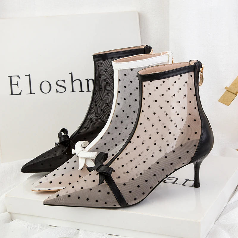 Fashion Women Ankle Boots Pointed Toe Short Pointed Toe Bow Design Thin Low Heels Back Zipper Fashion Boots Air Mesh Boots