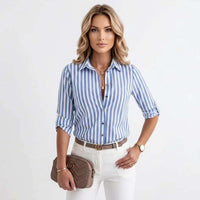 Women's Long Sleeve Striped Button-Up Shirt with Classic Lapel Collar and Curved Hem - Casual Office Wear Tops