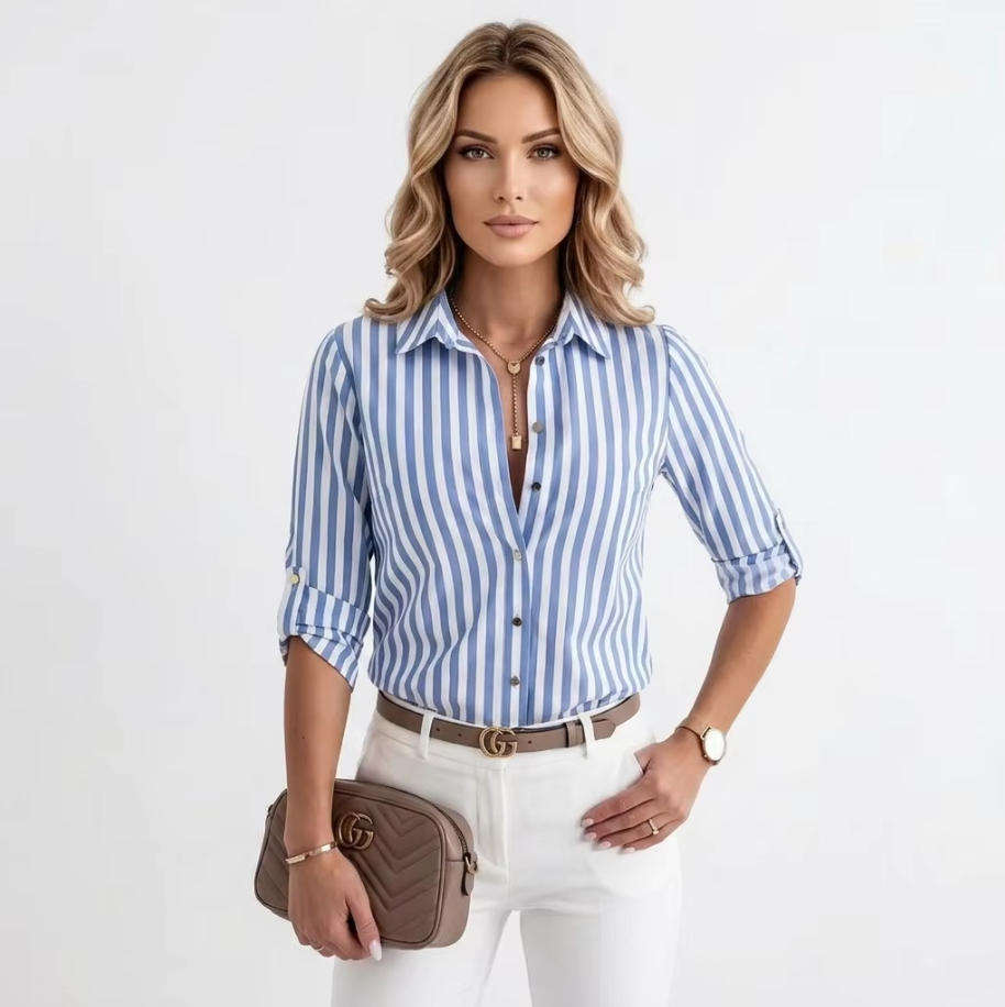 Women's Long Sleeve Striped Button-Up Shirt with Classic Lapel Collar and Curved Hem - Casual Office Wear Tops