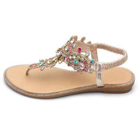 Woman Bohemian Colorful Crystal Flat Sandals for Women Glitter Rivets Studded Gladiator Sandals  Elastic Back