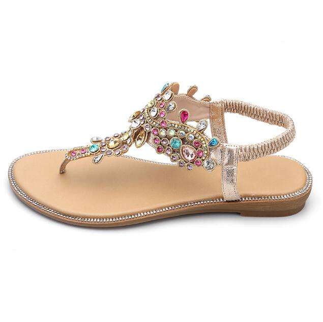 Woman Bohemian Colorful Crystal Flat Sandals for Women Glitter Rivets Studded Gladiator Sandals  Elastic Back