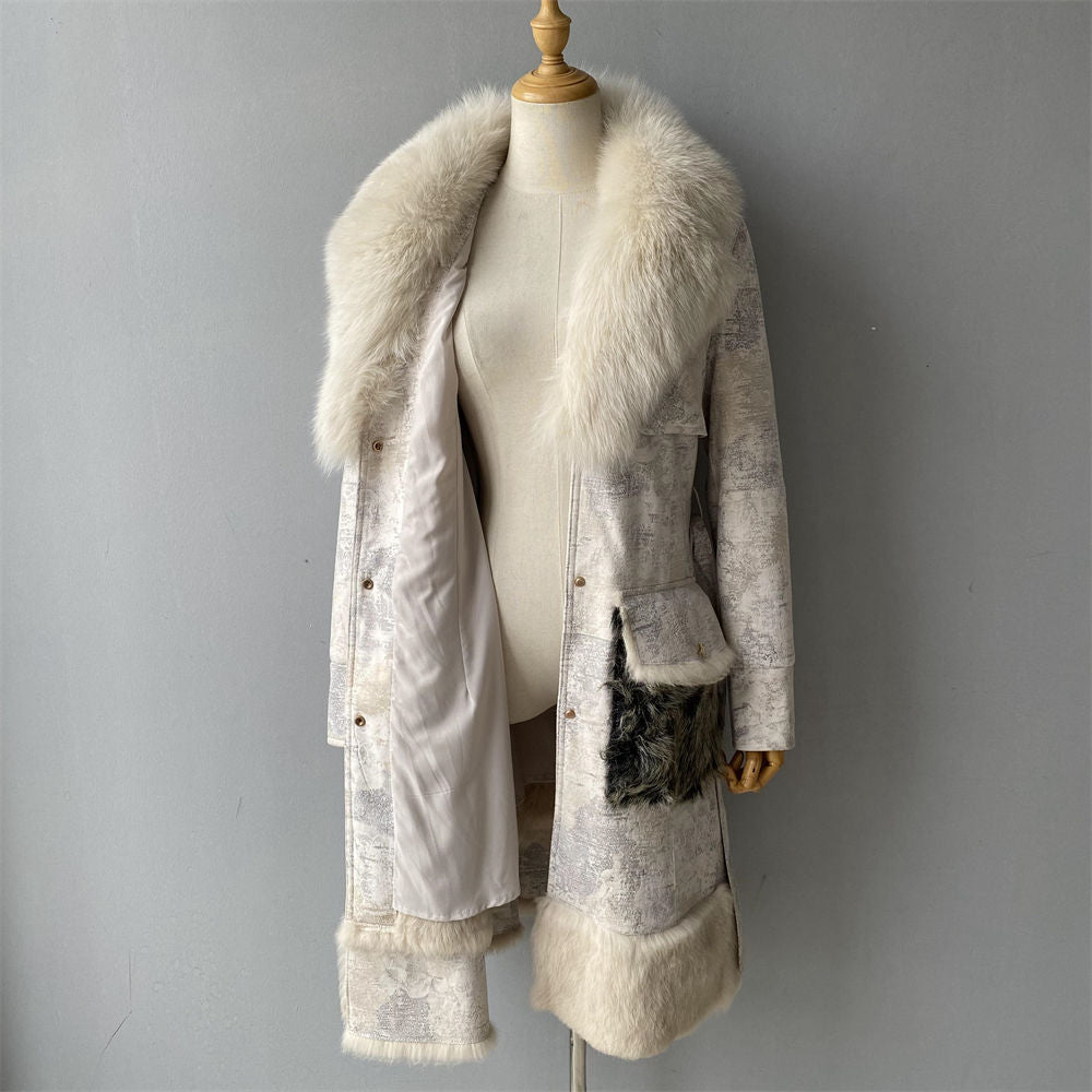 Genuine Sheep Shearling Trench Coat Fluffy Big Real Fox Fur Collar Winter Long Natural Leather Coat for Women Natalia Home Fashion    Natalia Home Fashion