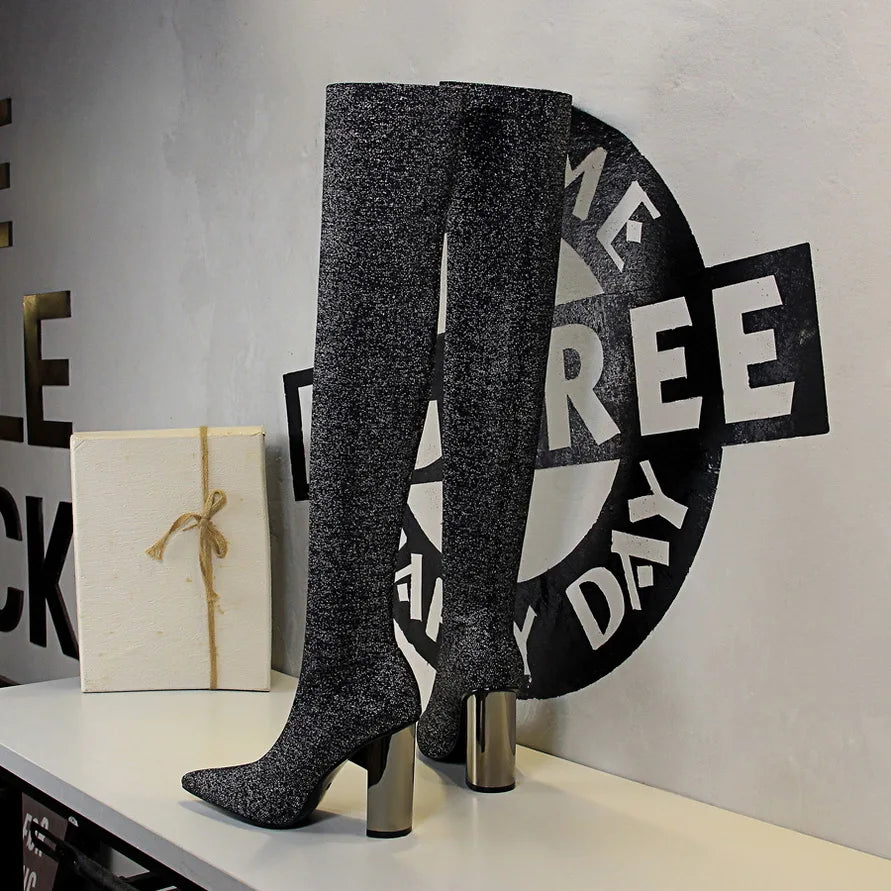 Sexy Slim Over-the-Knee High Heel Knee High Boots Women Long Boots Metal Heel Shoes
