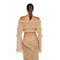 Chiffon Floral 2 Pc Bikini Set Long Sleeve Backless Crop Tops Women Transparent Bodycon Skirts Sexy Beach Casual