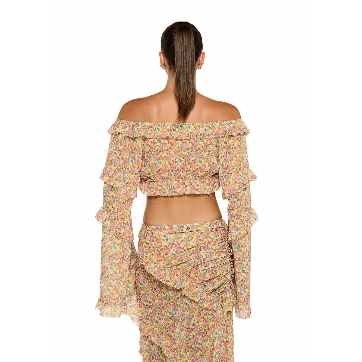 Chiffon Floral 2 Pc Bikini Set Long Sleeve Backless Crop Tops Women Transparent Bodycon Skirts Sexy Beach Casual