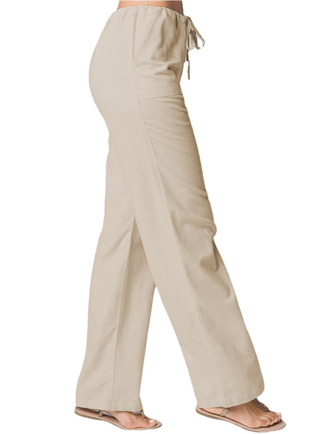 Women Cotton Linen Pants Solid Color Elastic Loose Drawstring Wide-Leg High Waist Trousers Female Stretch Straight Casual Pants