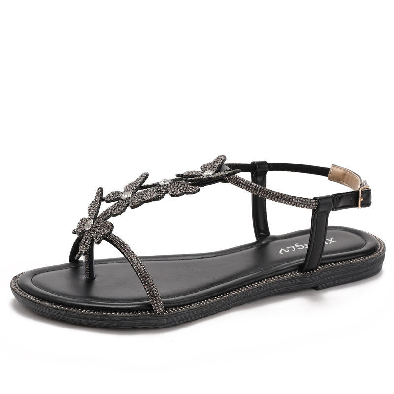 Single-strap rhinestone bow flat sandals, new summer fashion, simple and stylish, suitable for outdoor wear, Roman beach shoes