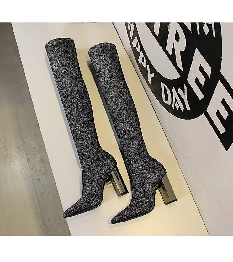 Sexy Slim Over-the-Knee High Heel Knee High Boots Women Long Boots Metal Heel Shoes