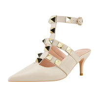 Female Rivets T-strap Sandals Pointy Toe Soft Leather Sexy Women Shoes Comfort 6CM High Heels Ladies Work Dress Shoe