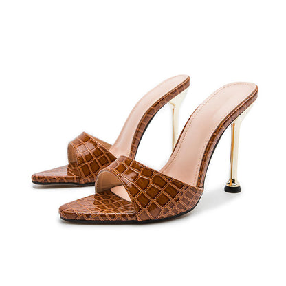 Women Slippers Snake Print Strappy Mule High Heels Slippers Sandals Flip Flops Pointed Toe Slides Party Shoes Woman