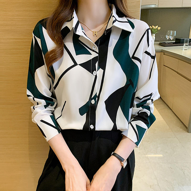 Women Temperament Print Shirt Long Sleeve Fashion Loose Shirts Ladies Lightweight Work Blouse