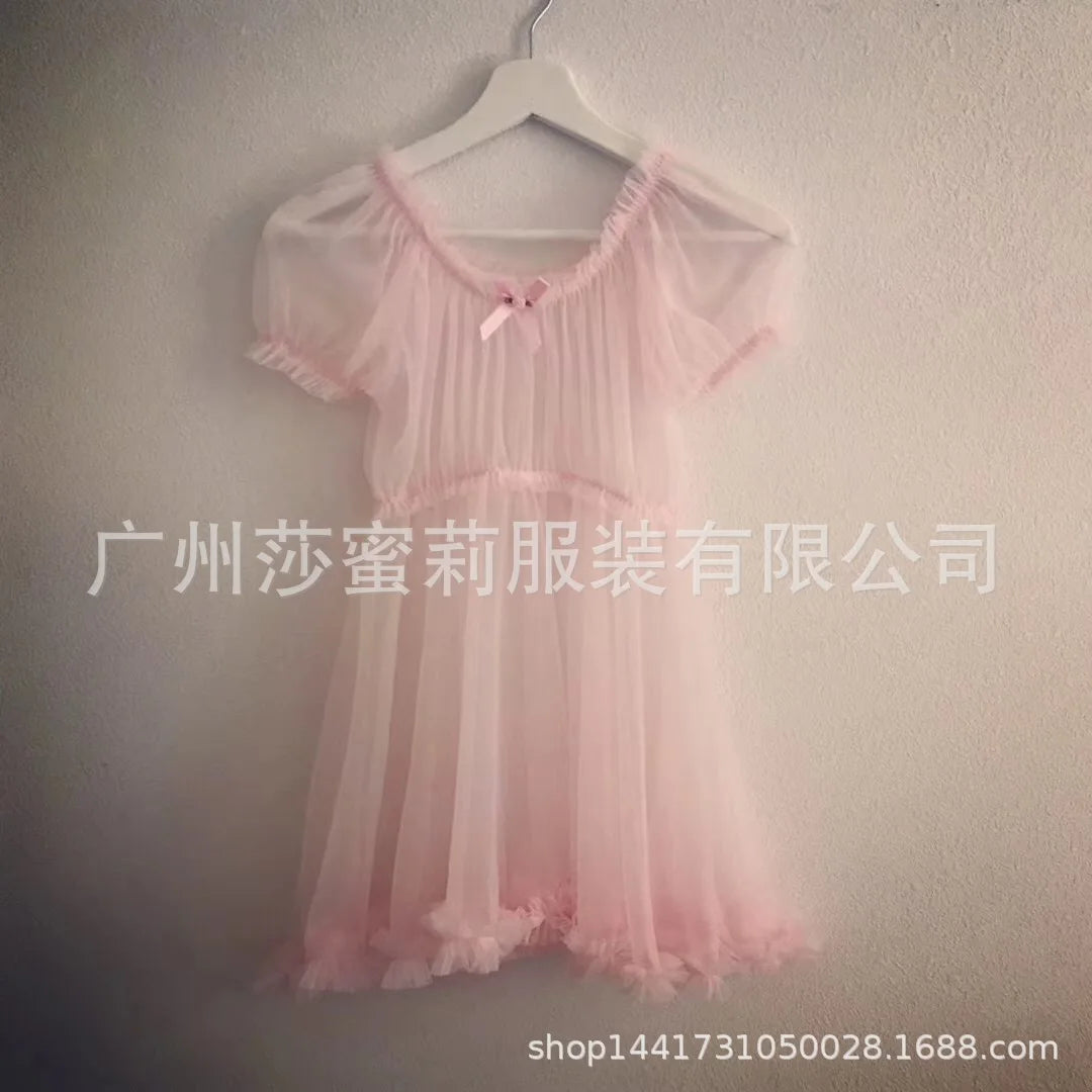 Tulle Temptation Sexy Lingerie Princess Dress Sexy Sleepwear Word Shoulder Mesh Tutu Night Dress Nightgowns Women