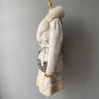 Genuine Sheep Shearling Trench Coat Fluffy Big Real Fox Fur Collar Winter Long Natural Leather Coat for Women Natalia Home Fashion    Natalia Home Fashion