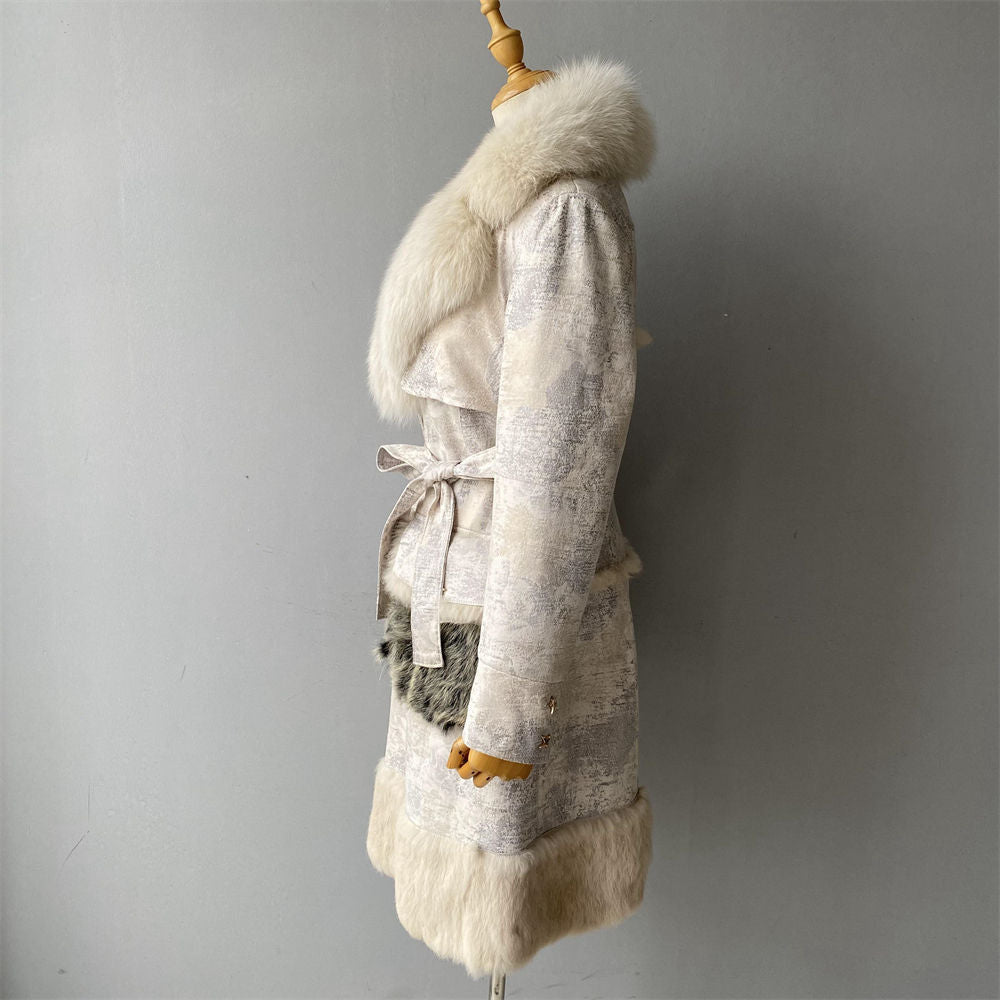 Genuine Sheep Shearling Trench Coat Fluffy Big Real Fox Fur Collar Winter Long Natural Leather Coat for Women Natalia Home Fashion    Natalia Home Fashion