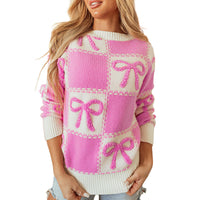 Loose Pink Bow Women's Sweater Fashion O-Neck Long Sleeve Sweater Lady Elegant Chic Pullover Top Female Clothing
